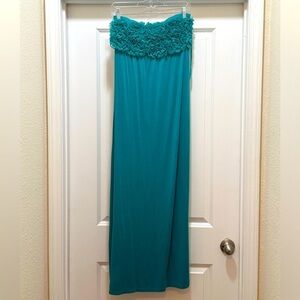 New York & Company Teal Strapless Maxi Dress w/ Rosette Bandeau Top - M - EUC